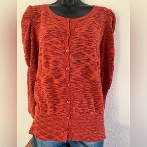 Ruched Sleeve Button up Cardigan Sz XL Orange Lightweight Preppy Layering FEVER